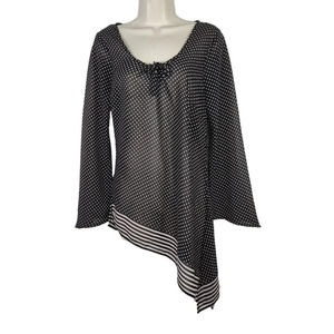 Millenium Black Polka Dot Top Asymmetrical Women Size M Sheer Long Sleeve